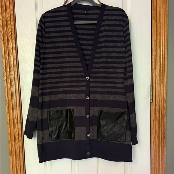 Ann Taylor Sweaters - Ann Taylor Striped Blue and Gray Women's Sweater with leather pockets.